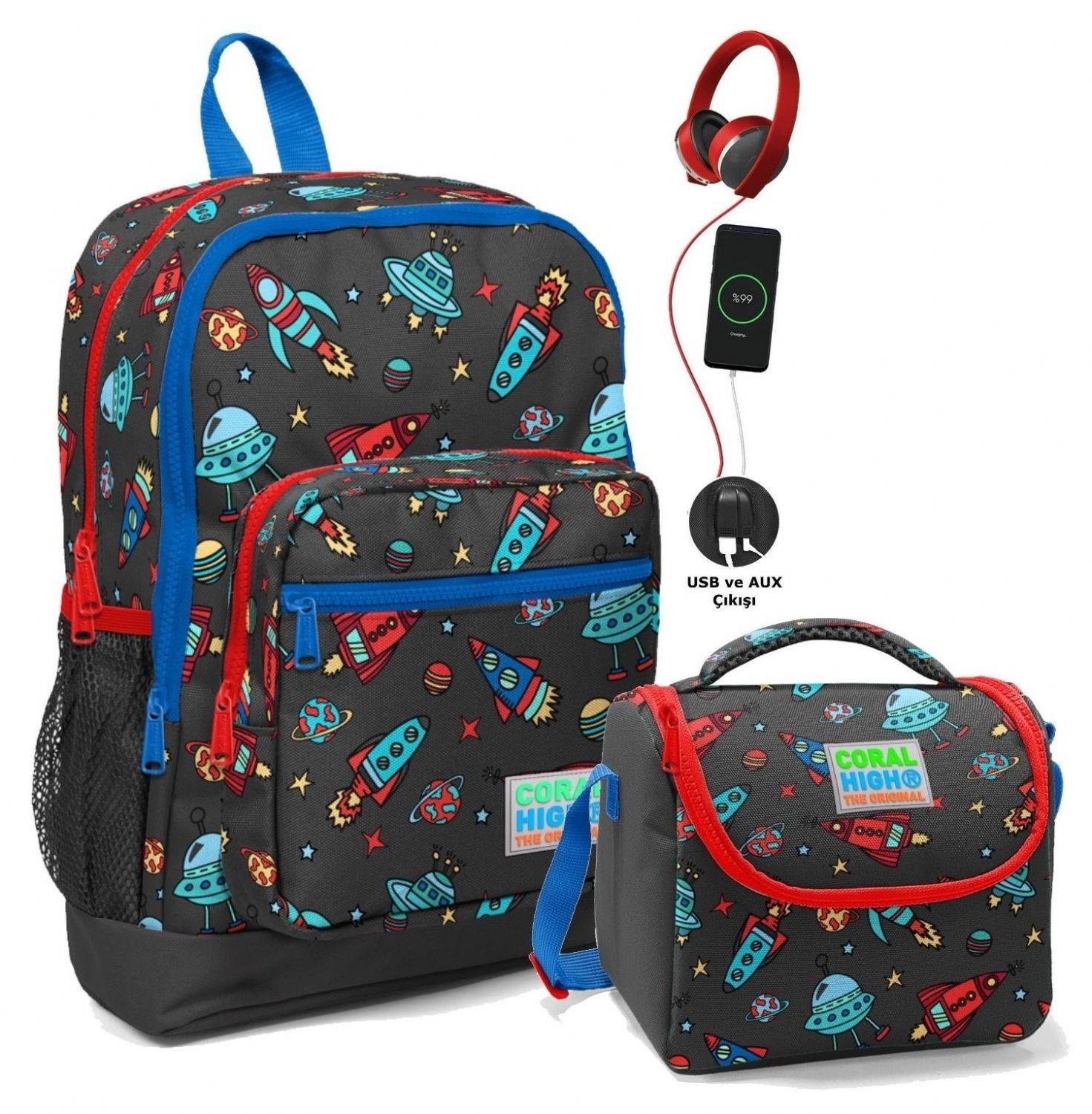 Coral High Okul Çantası ve Beslenme Çantası Seti - Gri Mavi Uzay - USB Soketli - Erkek Çocuk