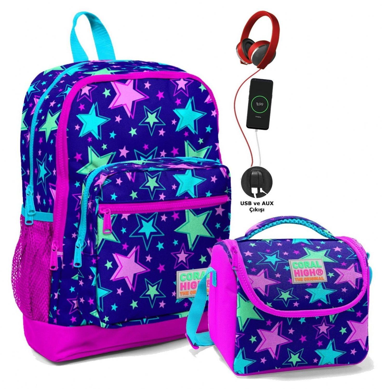 Coral High Okul Çantası ve Beslenme Çantası Seti - Mor Yıldız - USB Soketli - Kız Çocuk