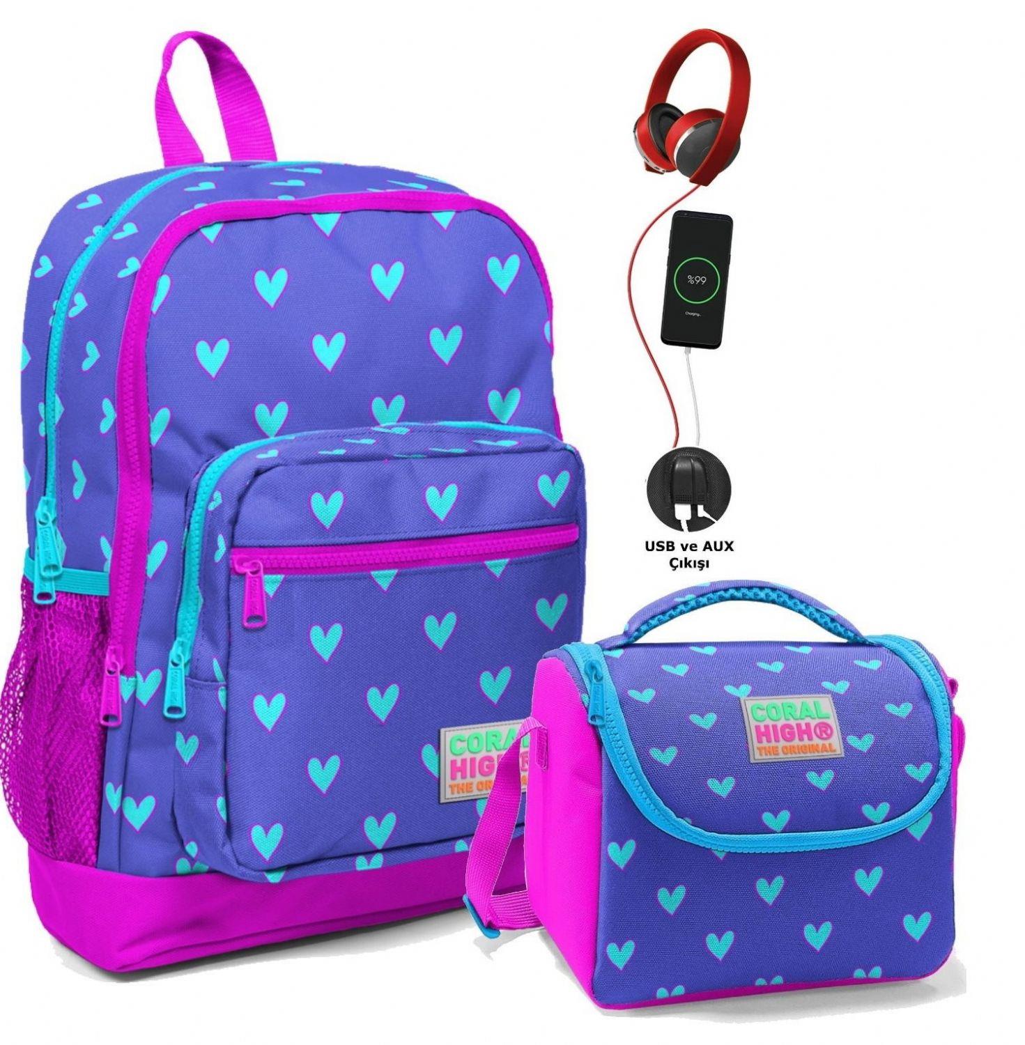 Coral High Okul Çantası ve Beslenme Çantası Seti - Kız Çocuk Pembe Lavanta Kalp - USB Soketli