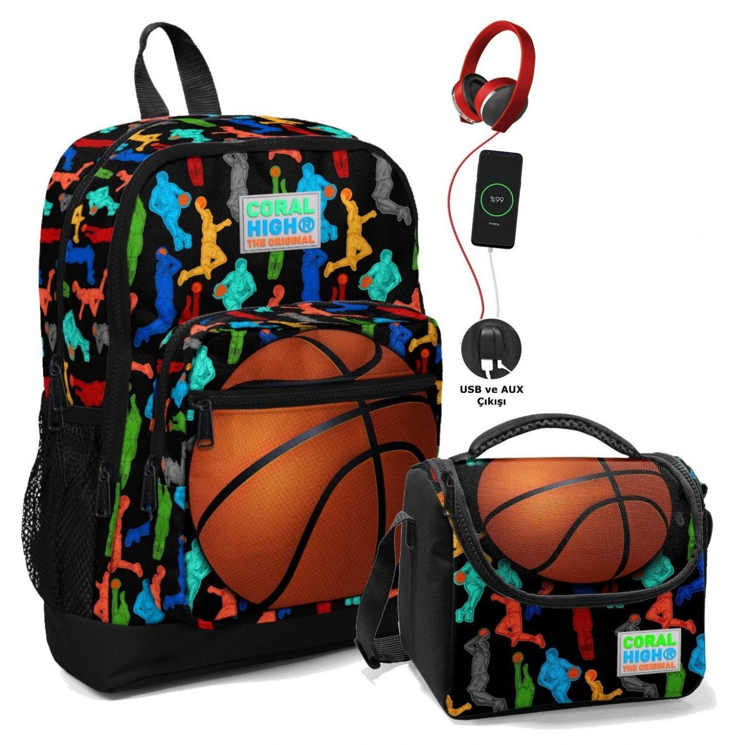 Coral High Okul Çantası ve Beslenme Çantası Seti - Siyah Turuncu Basketbol - USB Soketli - Erkek Çocuk
