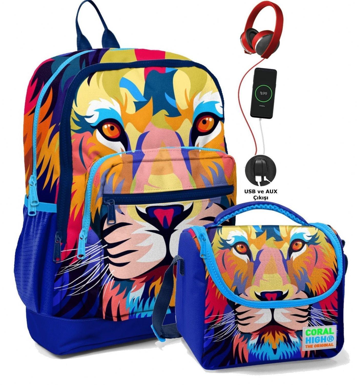 Coral High Okul Çantası ve Beslenme Çanta Seti - Usb Soketli Lacivert Aslan Erkek Çocuk