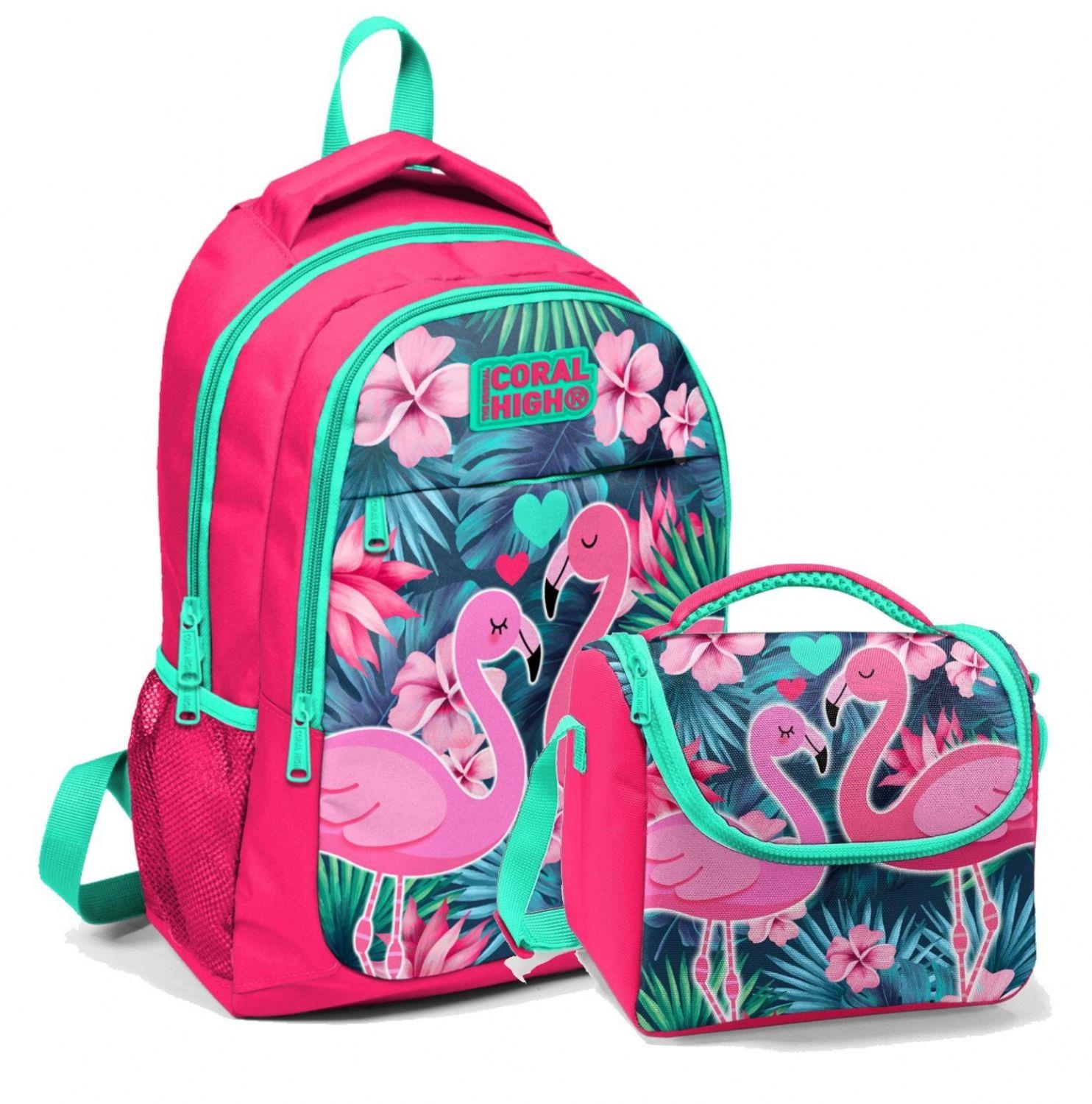 Coral High Okul Sırt Çantası ve Beslenme Çantası Seti - Pembe Flamingo Kız Çocuk
