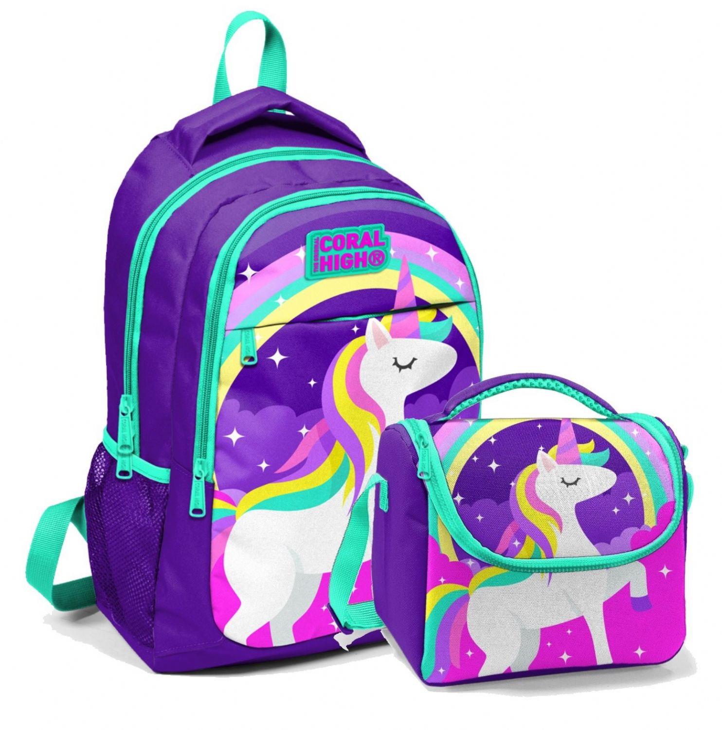 Coral High Okul Sırt Çantası ve Beslenme Çantası Seti - Mor Unicorn
