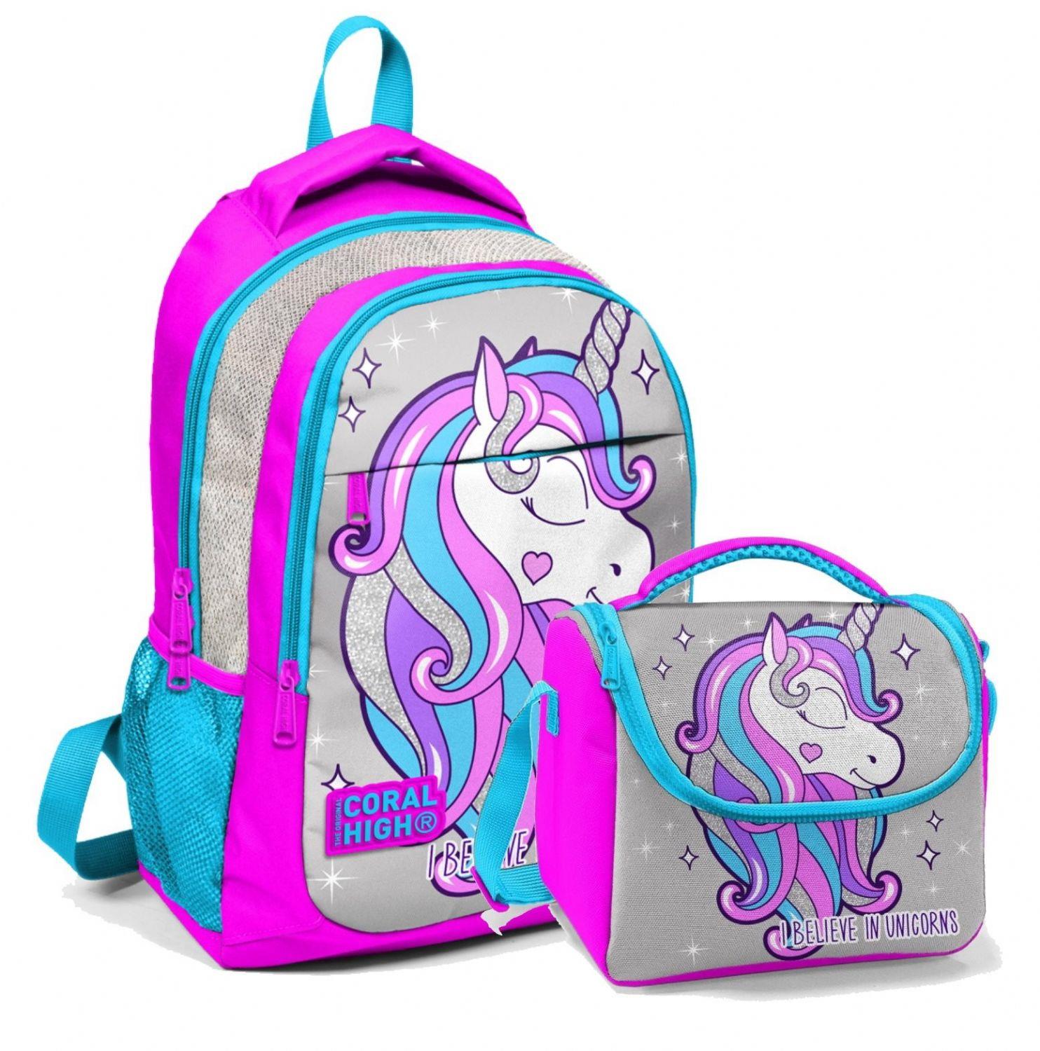 Coral High Okul Sırt Çantası ve Beslenme Çantası Gri Unicorn - Kız Çocuk