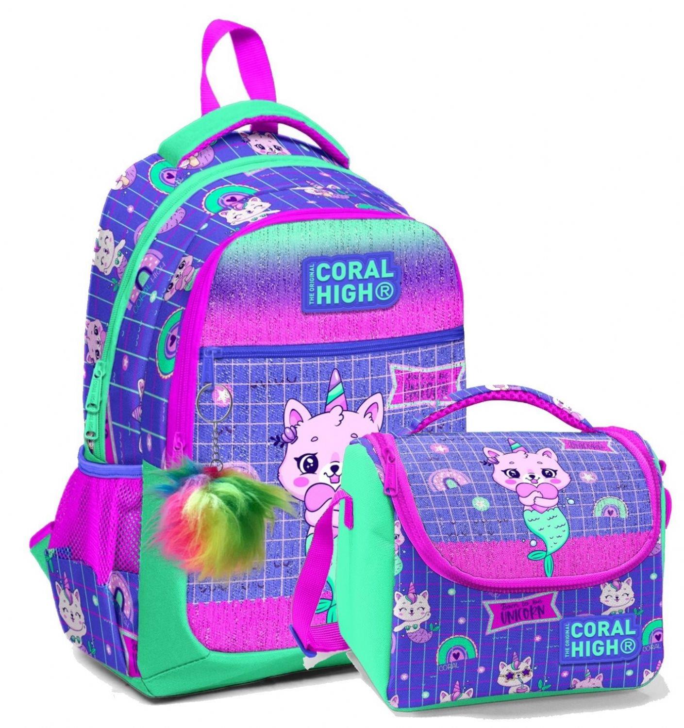 Coral High Okul Sırt Çantası ve Beslenme Çantası Seti - Lavanta Su Yeşili Unicorn - Kız Çocuk