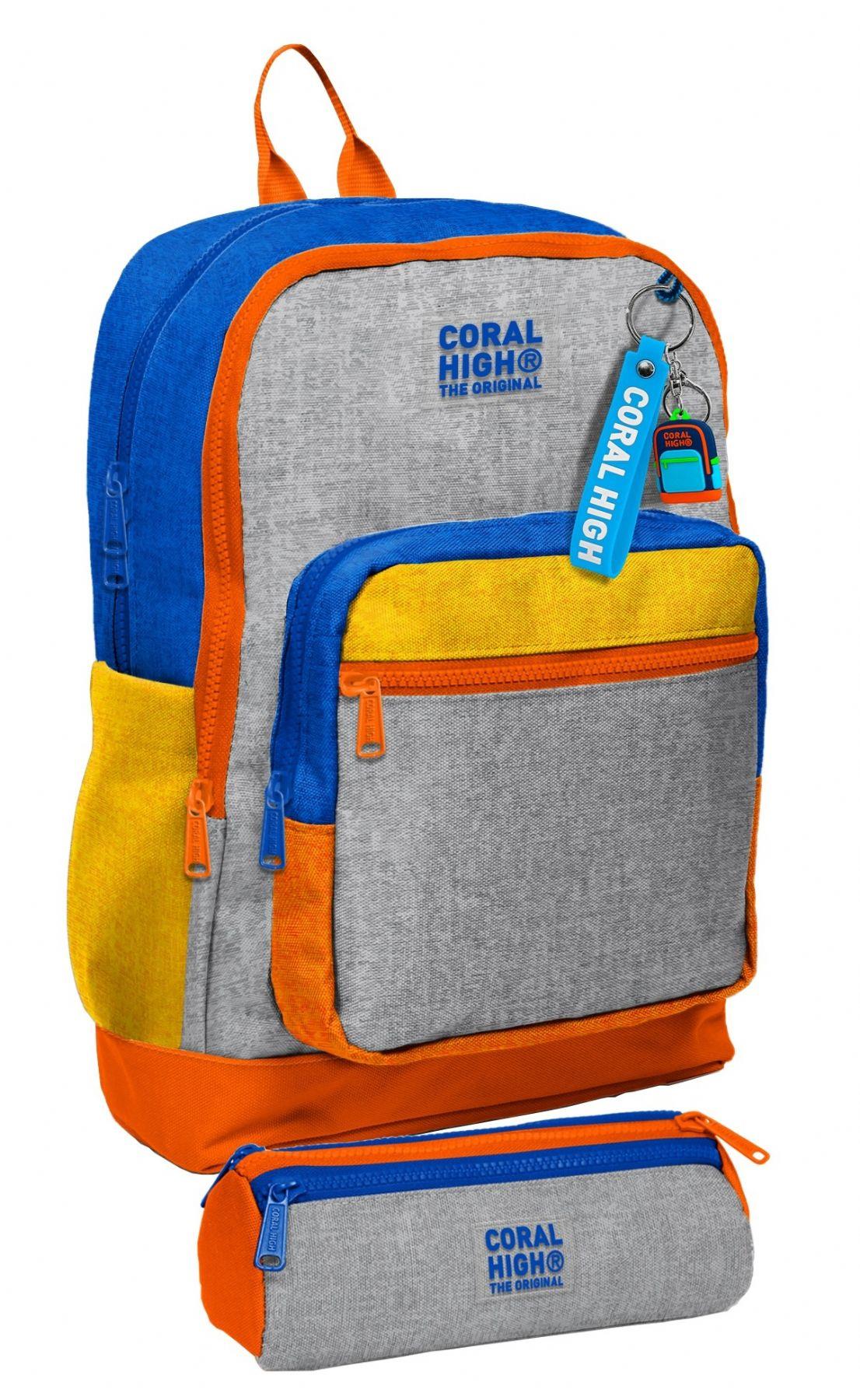 Coral High Okul Sırt Çantası ve Kalemlik Seti - Mavi Gri Turuncu Çizgi Desenli Erkek Çocuk SETYGN33221C