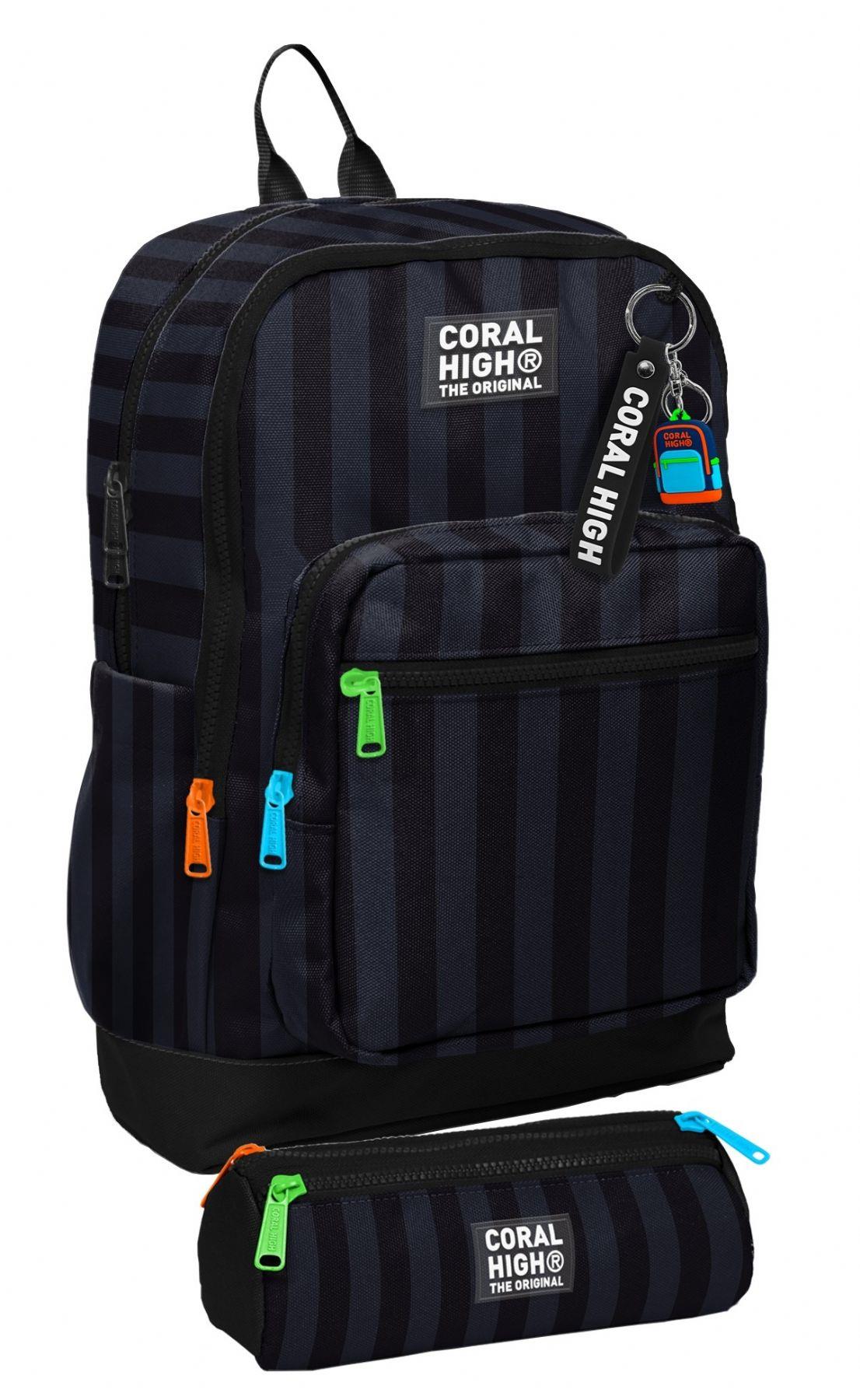 Coral High Okul Sırt Çantası ve Kalemlik Seti - Siyah Gri Çizgi Desenli Erkek Çocuk SETYGN33218C