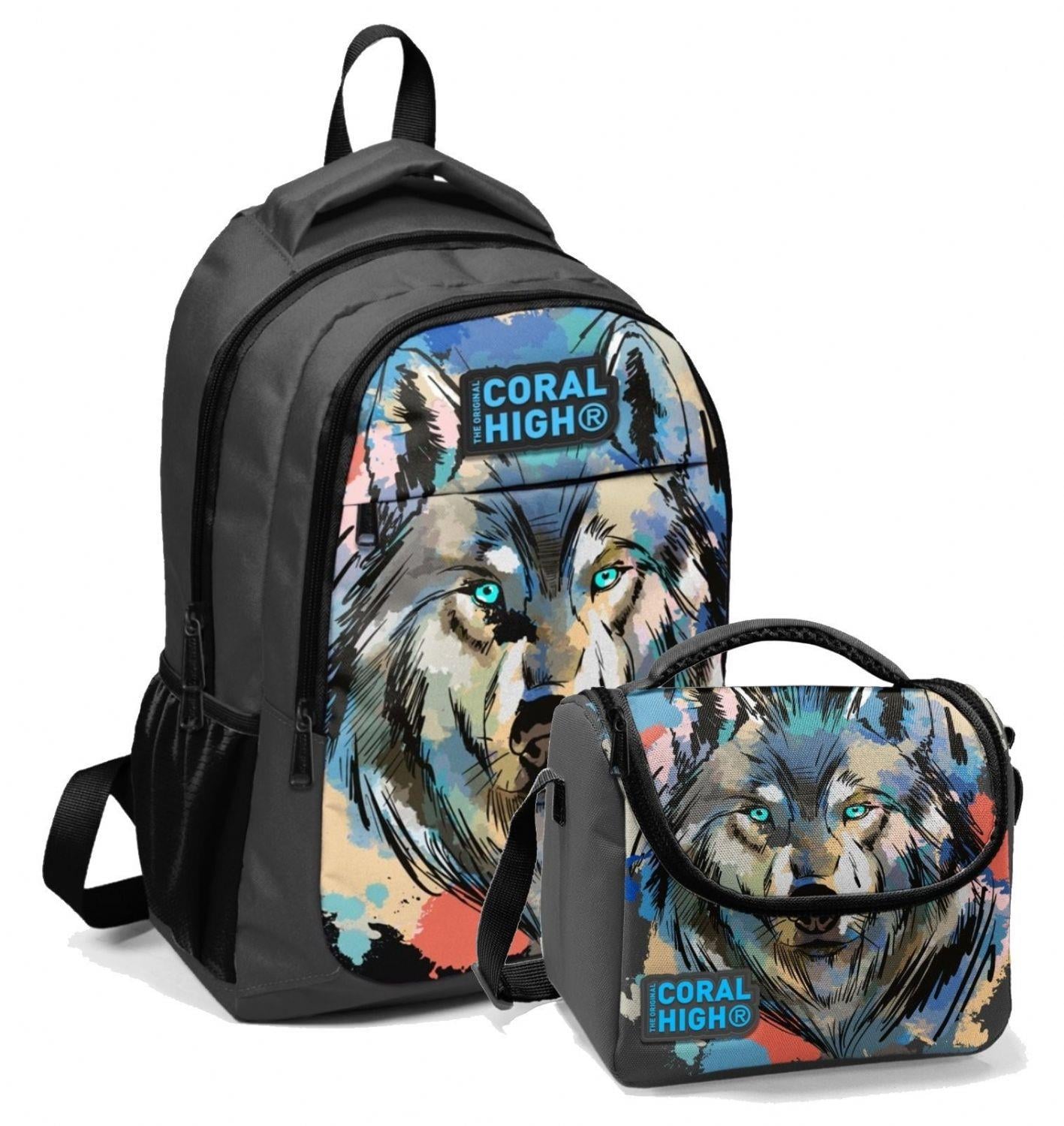 Coral High Okul Sırt ve Beslenme Çantası Seti Siyah Kurt - Erkek Çocuk