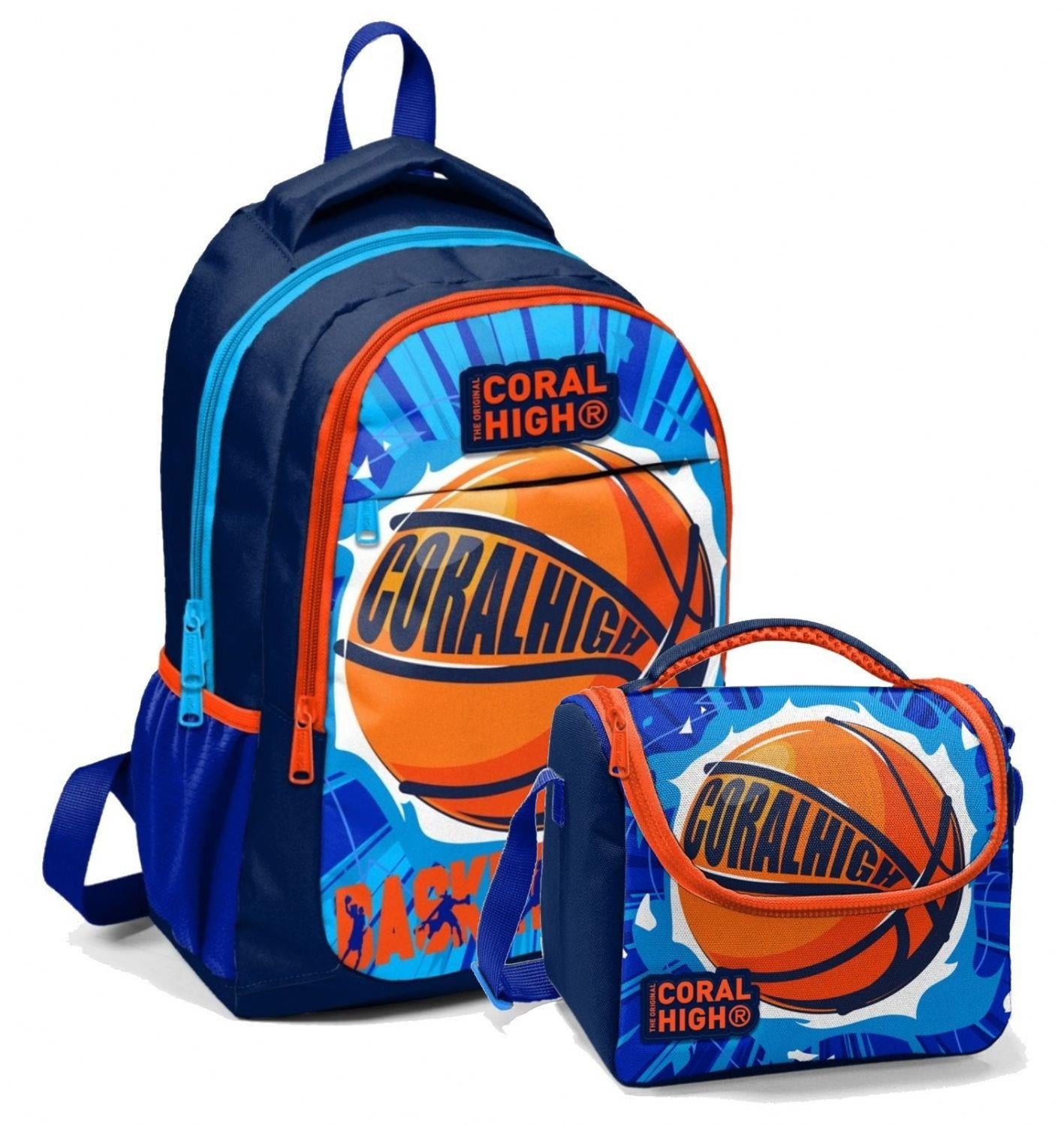 Coral High Okul Sırt ve Beslenme Çantası Seti Lacivert Turuncu Basketbol - Erkek Çocuk