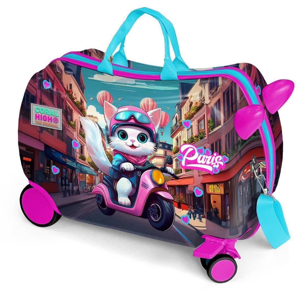 Coral High Otur-Çek Tekerlekli Kız Çocuk Valizi - Pembe Motorlu Kedi - 16358