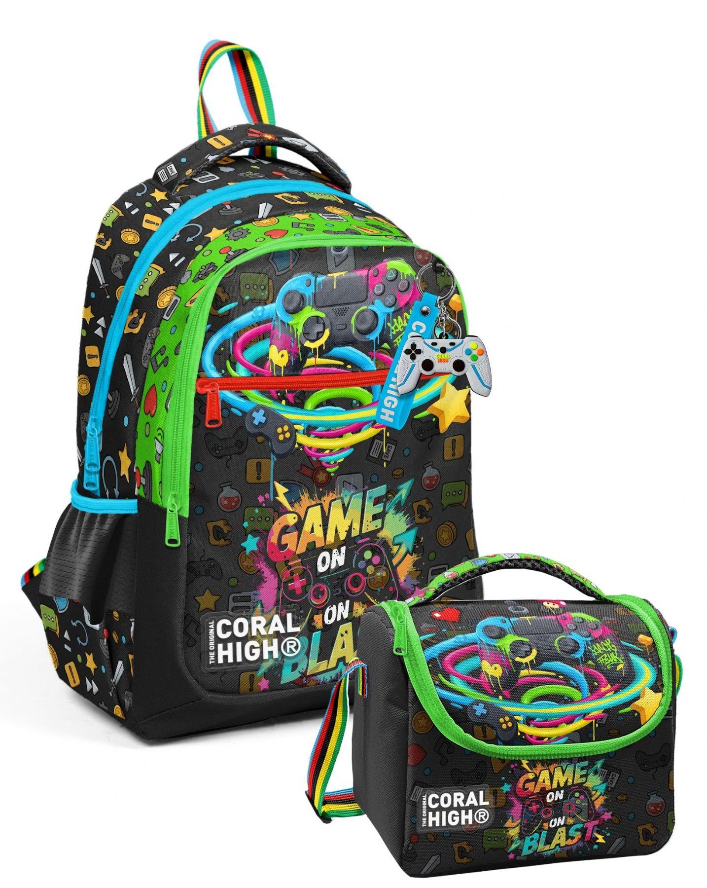 Coral High Oyun Baskılı Erkek Çocuk Okul Çantası ve Thermo Beslenme Çantası Seti