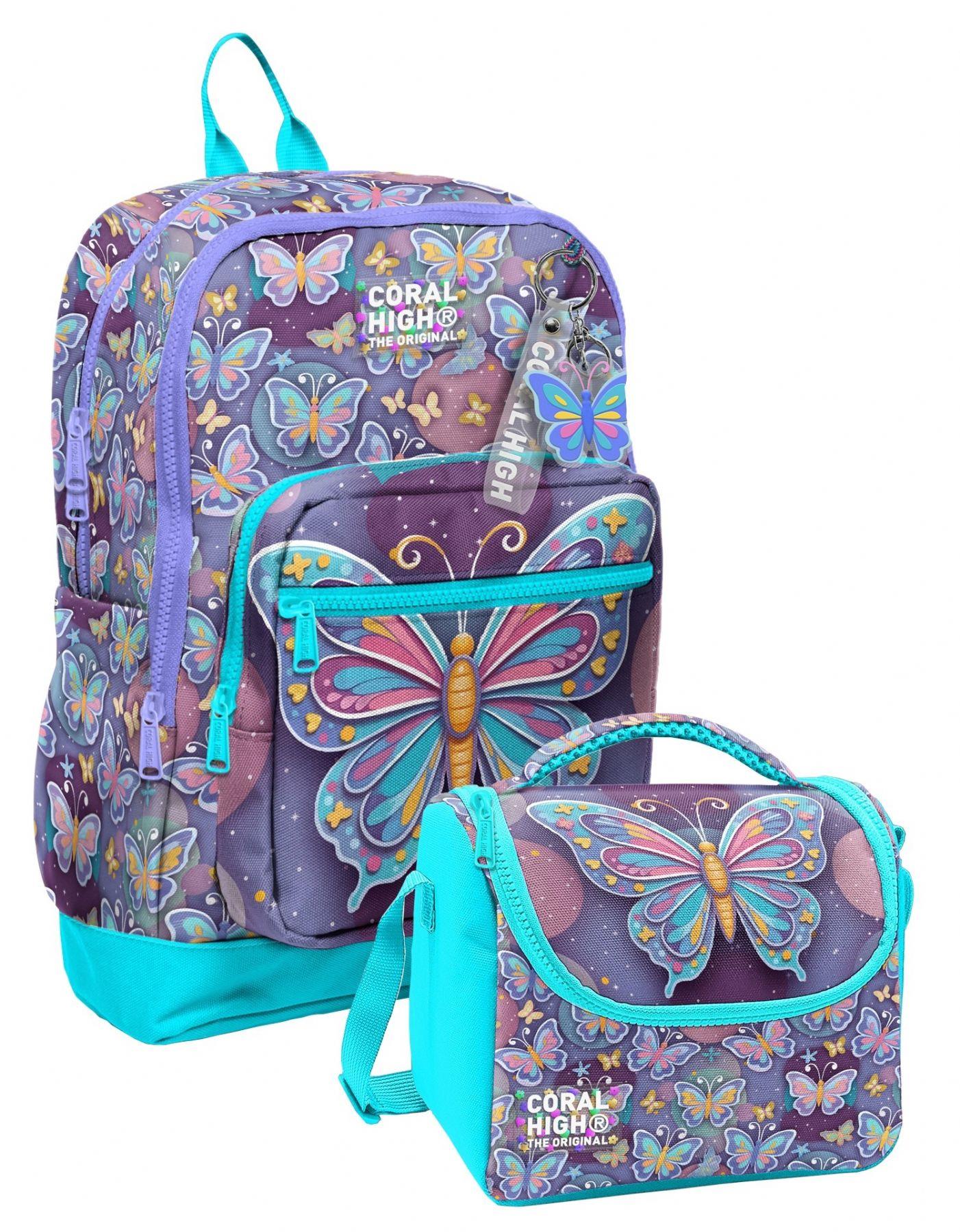 Coral High Pastel Renkli Kelebek Desenli Kız Çocuk Sırt Çantası ve Beslenme Çantası Seti (4 Gözlü Sırt Çantası)