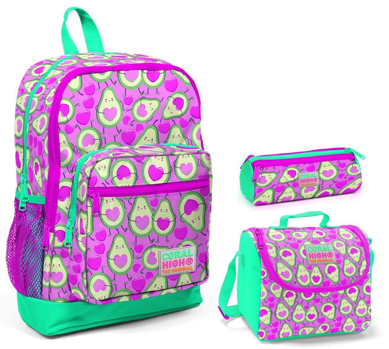 Coral High Pembe Avakado Baskılı 3'lü İlkokul Çanta Seti - Kız Çocuk