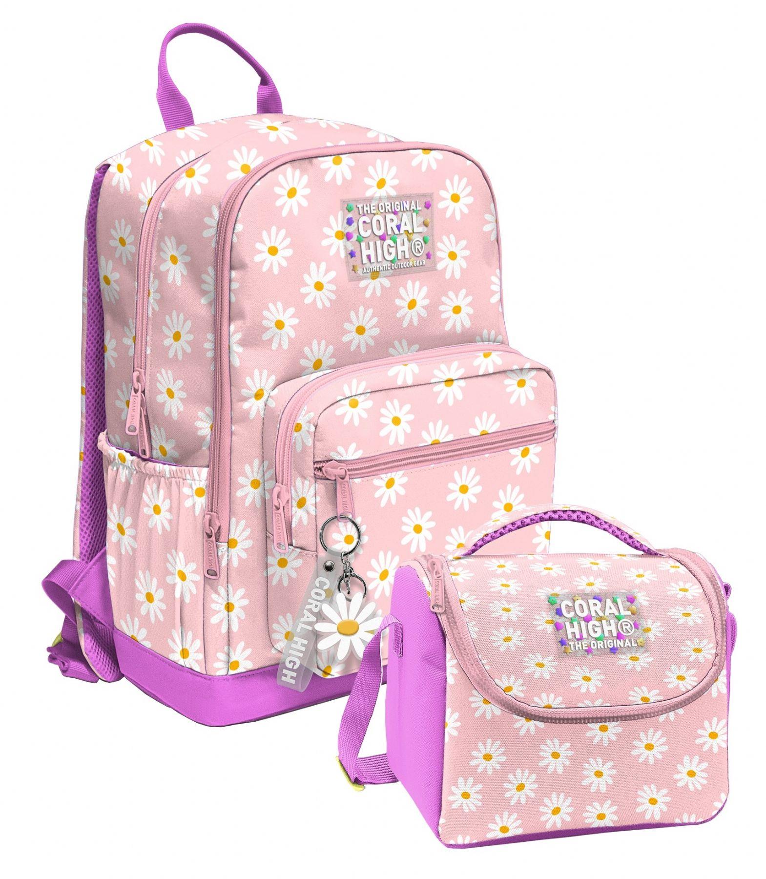 Coral High Pembe Beyaz Papatya Desenli (Kız Çocuk) Okul Sırt ve Beslenme Çantası Seti - SETYGN33224B