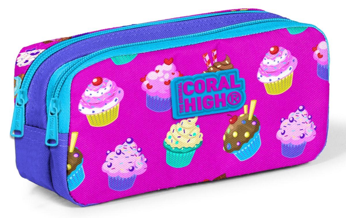 Coral High Pembe Cupcake Baskılı İki Bölmeli Kalem Çantası -Kız