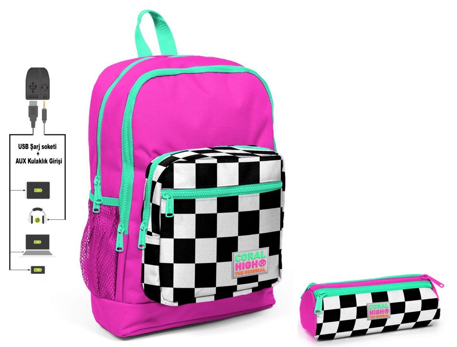 Coral High Pembe Damalı İlkokul Sırt Çantası ve Kalemlik Seti - USB Soketli - Kız Çocuk