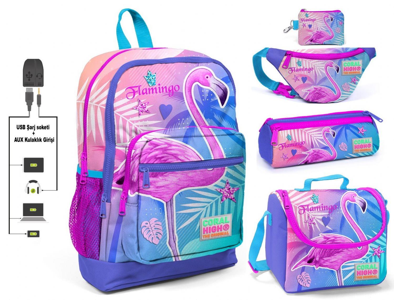 Coral High Pembe Flamingo Baskılı İlkokul 5'li Çanta Seti - USB Soketli