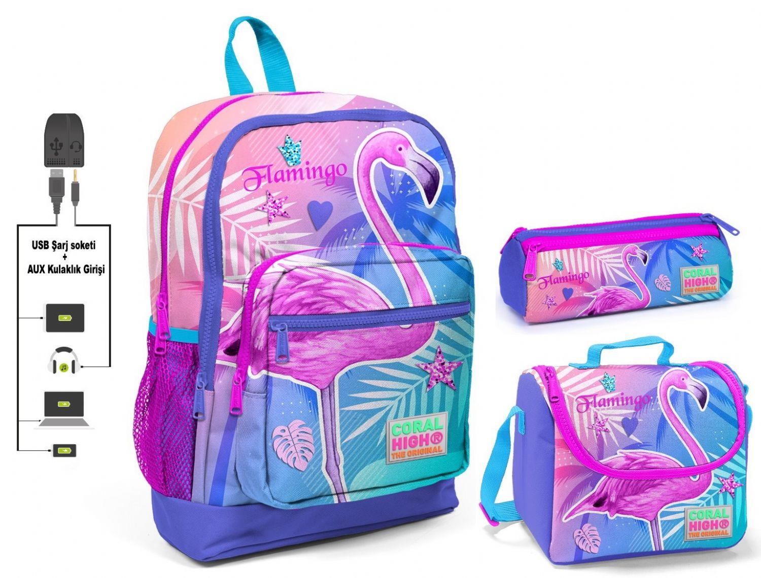 Coral High Pembe Flamingo Baskılı Kız Çocuk İlkokul Çanta Seti - USB Çıkışlı