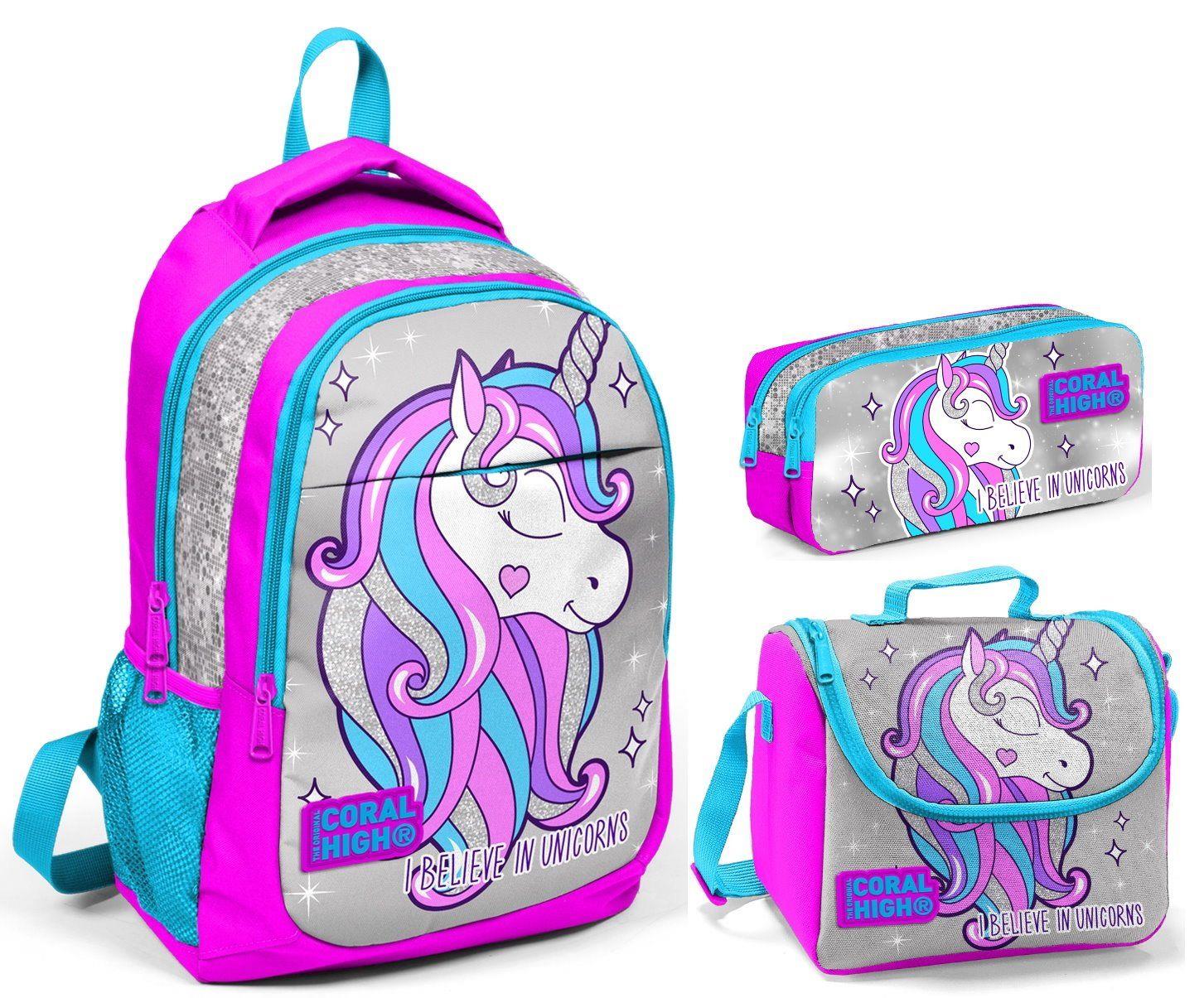 Coral High Pembe Gri Unicorn Kız Çocuk İlkokul Çanta Seti - Sırt Çantası+Beslenme+Kalemlik