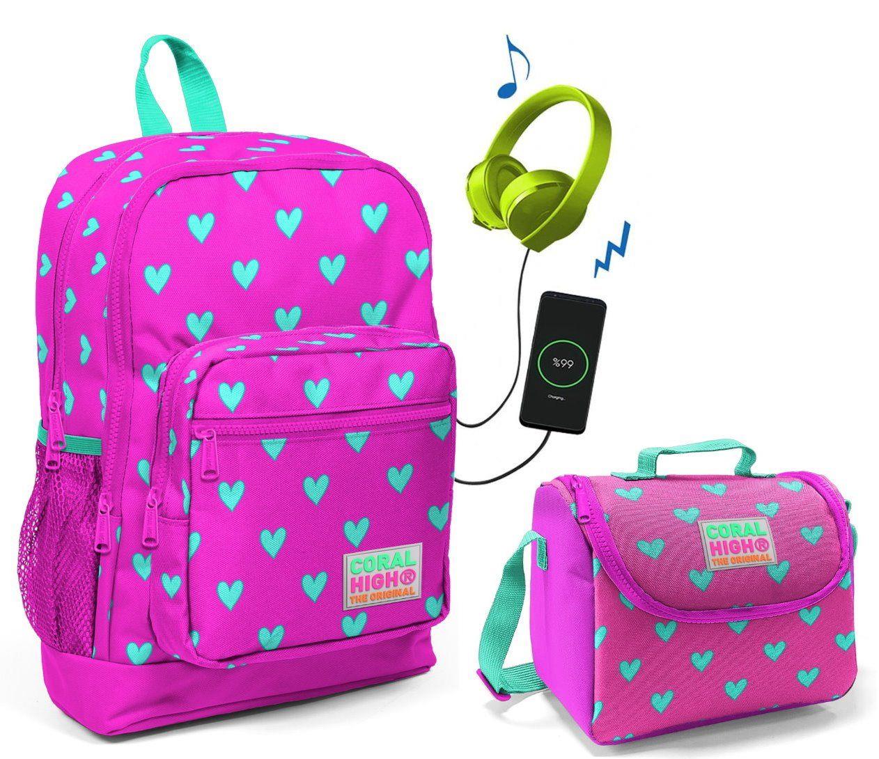 Coral High Pembe Kalp Baskılı Okul Çantası ve Beslenme Çantası Seti - Kız Çocuk - USB Soketli