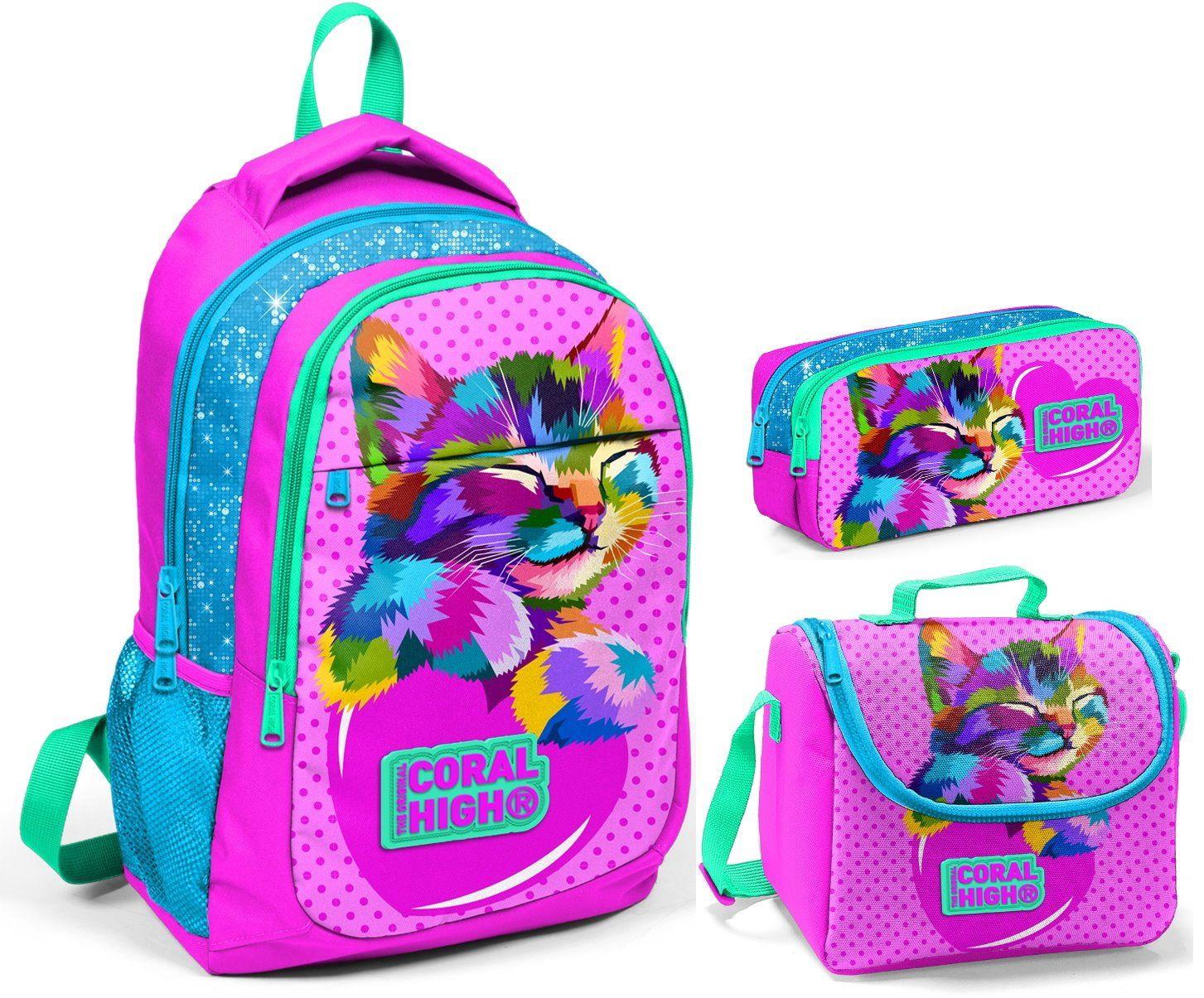 Coral High Pembe Kedi İlkokul Çanta Seti - Sırt Çantası+Beslenme+Kalemlik