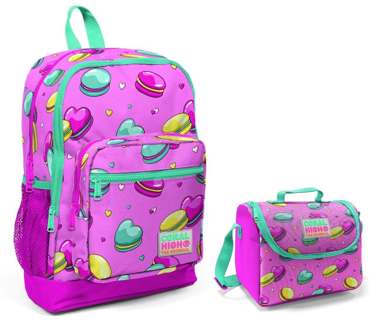 Coral High Pembe Makaron Baskılı İlkokul Çantası ve Beslenme Seti -  Kız Çocuk