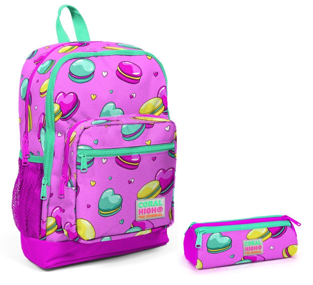 Coral High Pembe Makaron İlkokul Çanta Seti - Sırt Çantası ve Kalemlik - Kız Çocuk