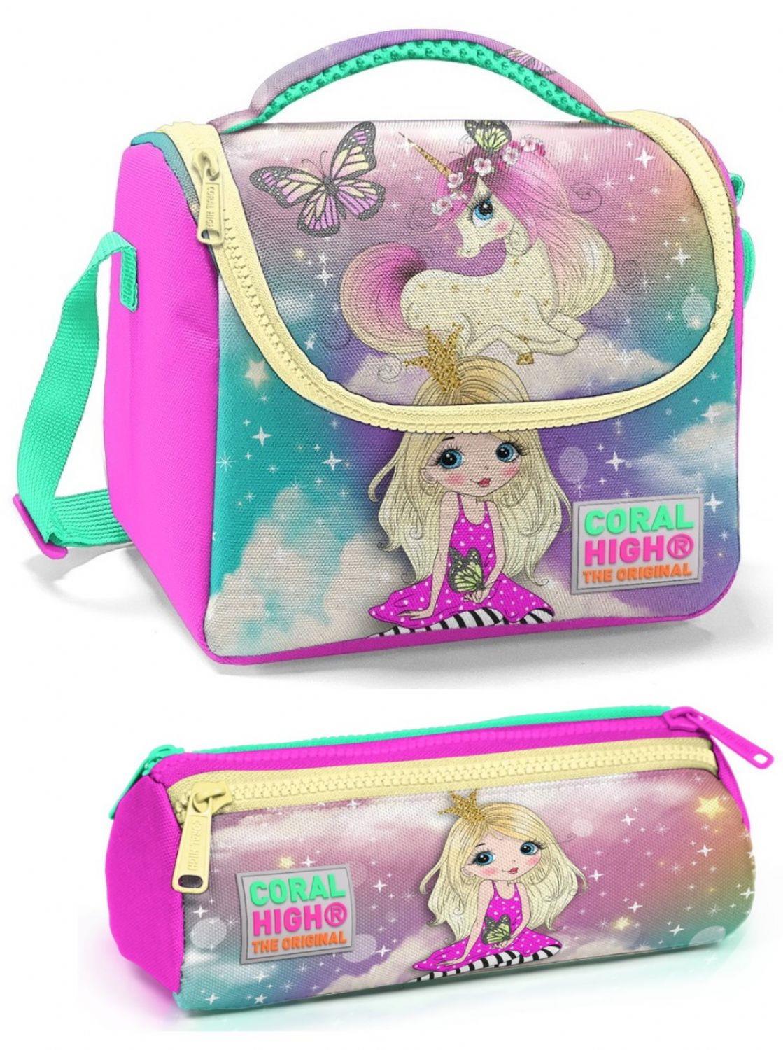 Coral High Pembe Mavi Kız ve Unicorn  Beslenme Çantası Seti