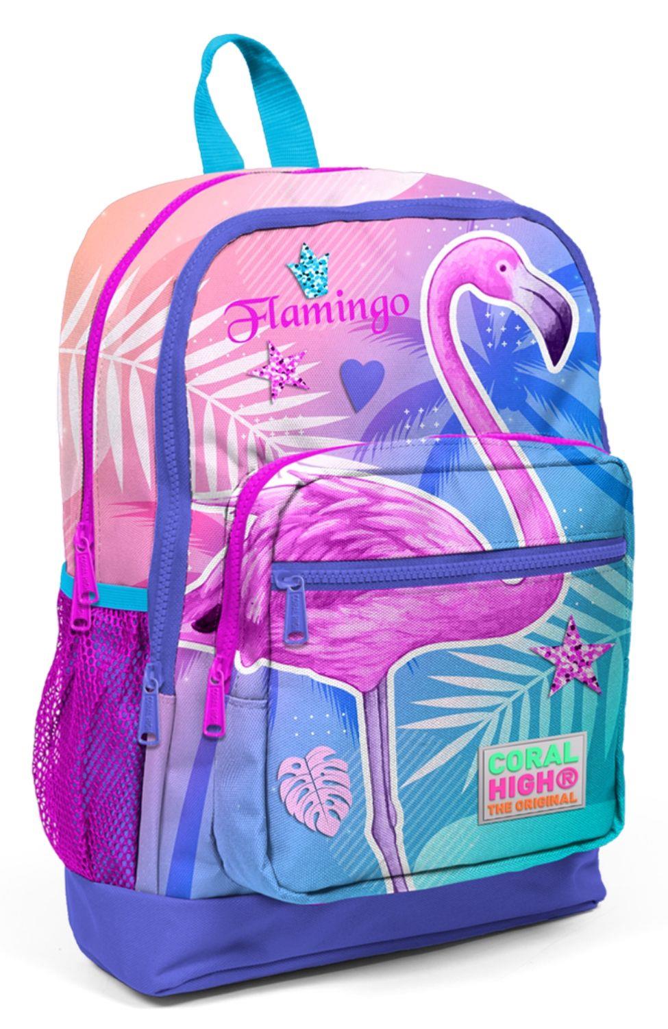 Coral High Pembe Mor Flamingo Desenli İlkokul ve Günlük Sırt Çantası - Kız