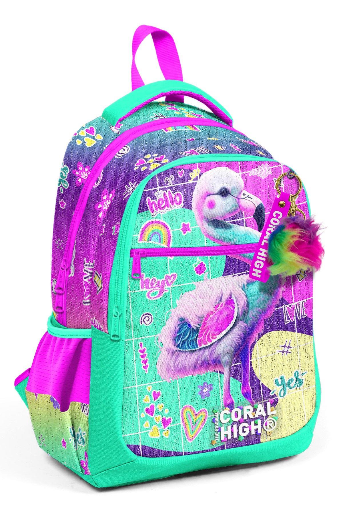 Coral High Pembe Su Yeşili Flamingo Desenli Kız Çocuk İlkokul Çantası ve Günlük Sırt Çantası
