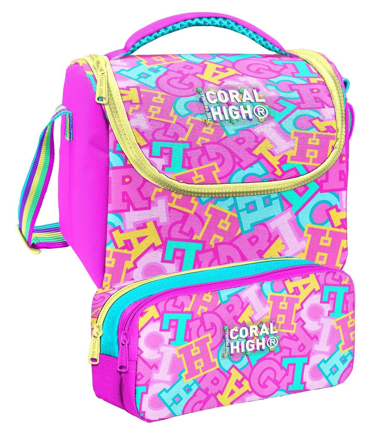 Coral High Pembe Su Yeşili Harf Baskılı Kız Çocuk Beslenme ve Kalem Çantası Seti (37141+31041)