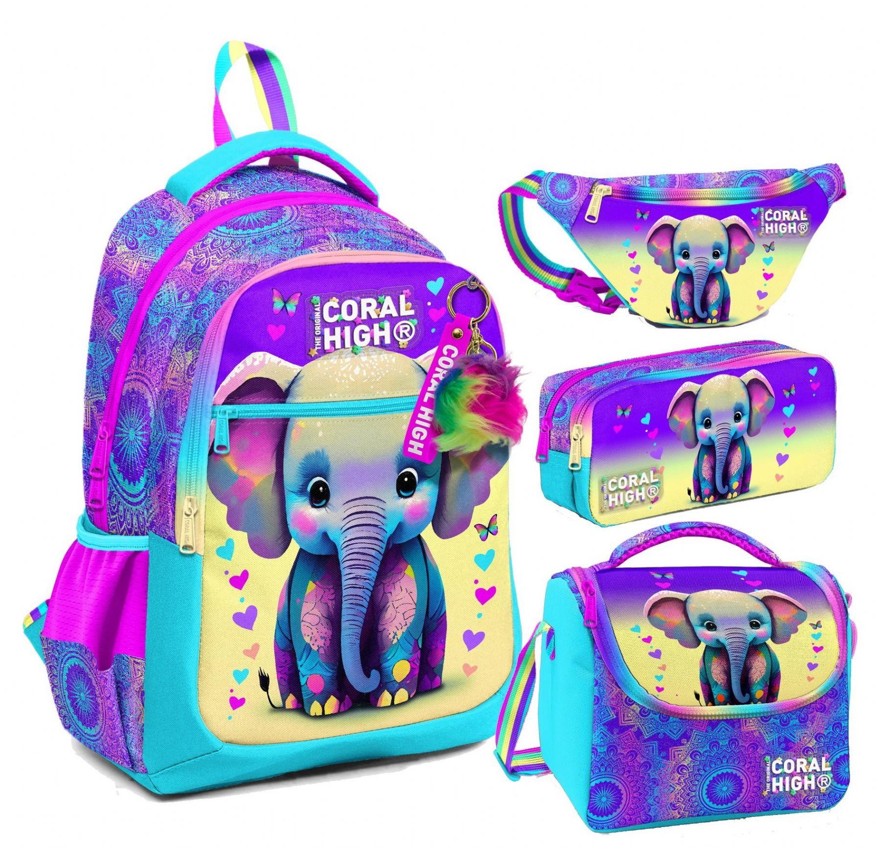 Coral High Pembe Turkuaz Fil Desenli Kız Çocuk Okul Beslenme Kalemlik ve Bel Çantası Seti - İlkokul İçin Uygun