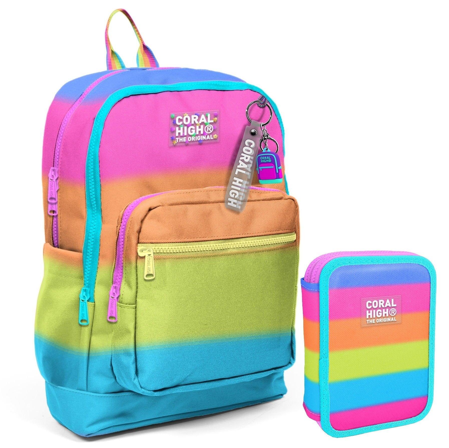 Coral High Pembe Turuncu Renk Geçişli Kız Çocuk Okul Çantası ve Organizer Kalemlik Seti 23770 11140