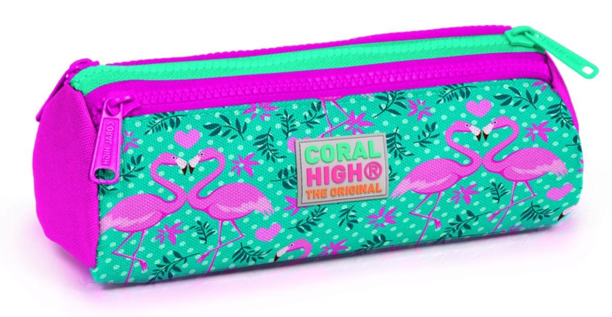 Coral High Pembe-Yeşil Flamingo Baskılı Üç Bölmeli Kalem Çantası -Kız Çocuk