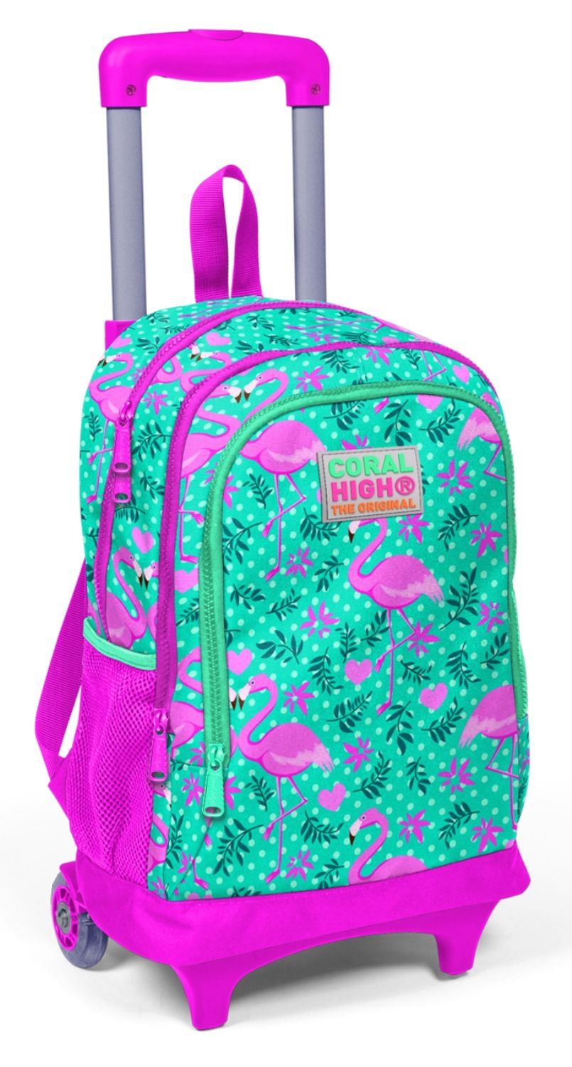 Coral High Pembe-Yeşil Flamingo Baskılı Işıklı Tekerlekli Çekçek Okul Çantası - Kız Çocuk