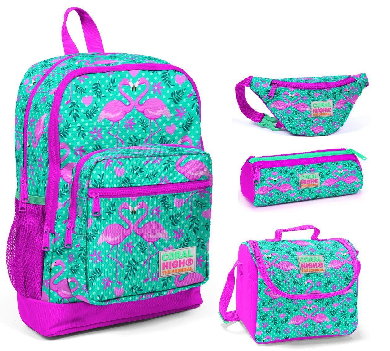 Coral High Pembe-Yeşil Flamingolar Baskılı 4'lü İlkokul Çanta Seti - Kız Çocuk