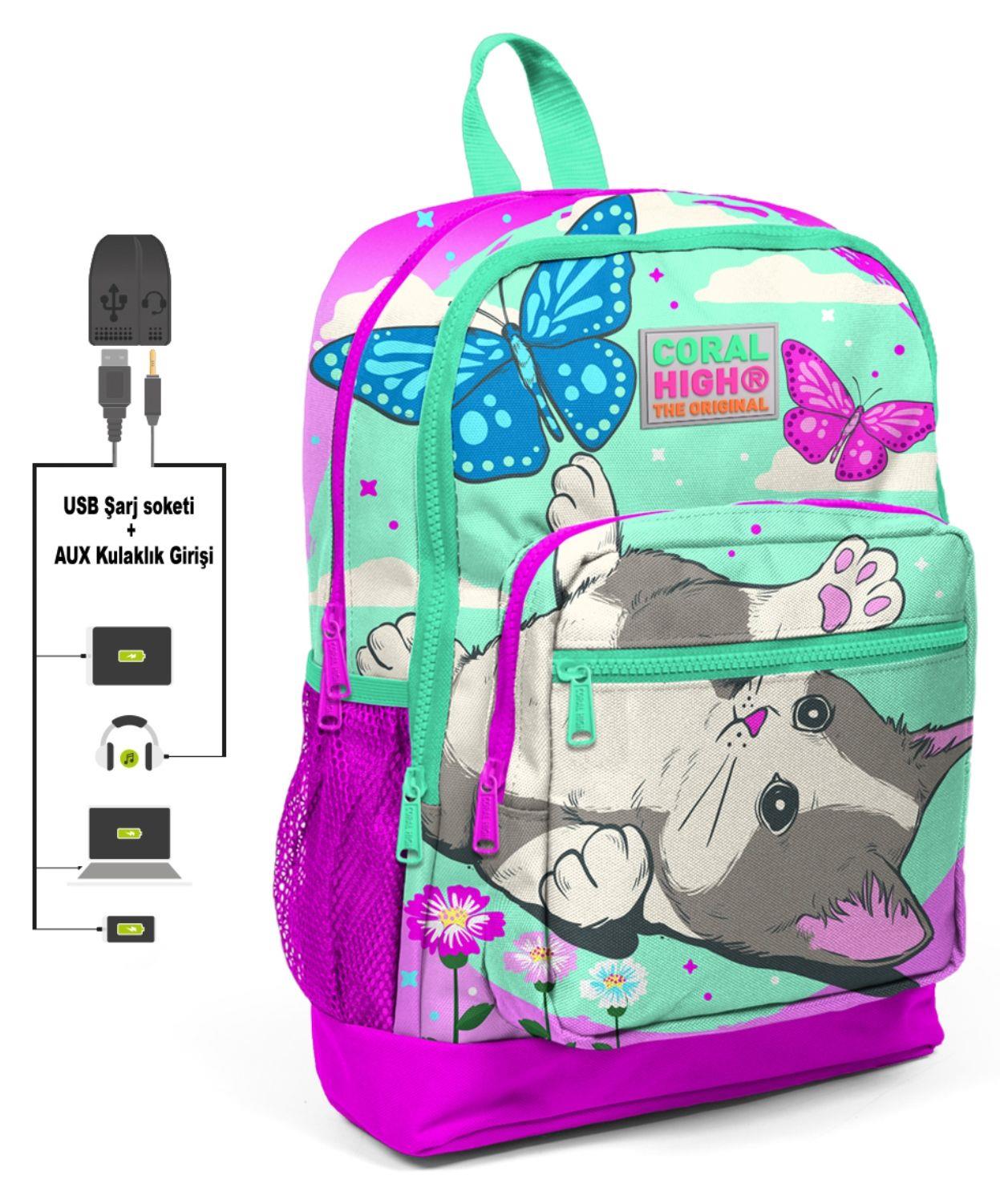 Coral High Pembe-Yeşil Sevimli Kedi Baskılı İlkokul ve Günlük Sırt Çantası - Kız - USB ve AUX Soketli