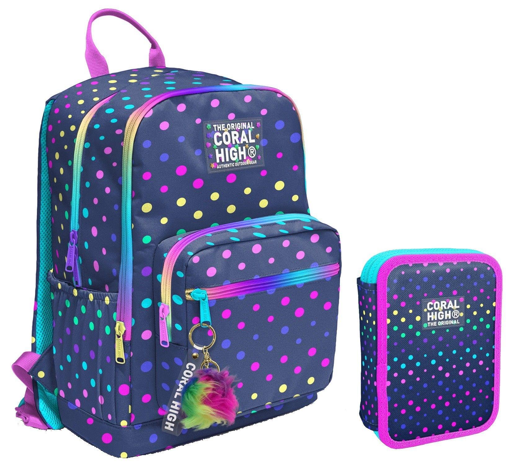 Coral High Puantiyeli Lacivert Kız Çocuk Okul Çantası ve Organizer Kalemlik Seti - İlkokul ve Ortaokul
