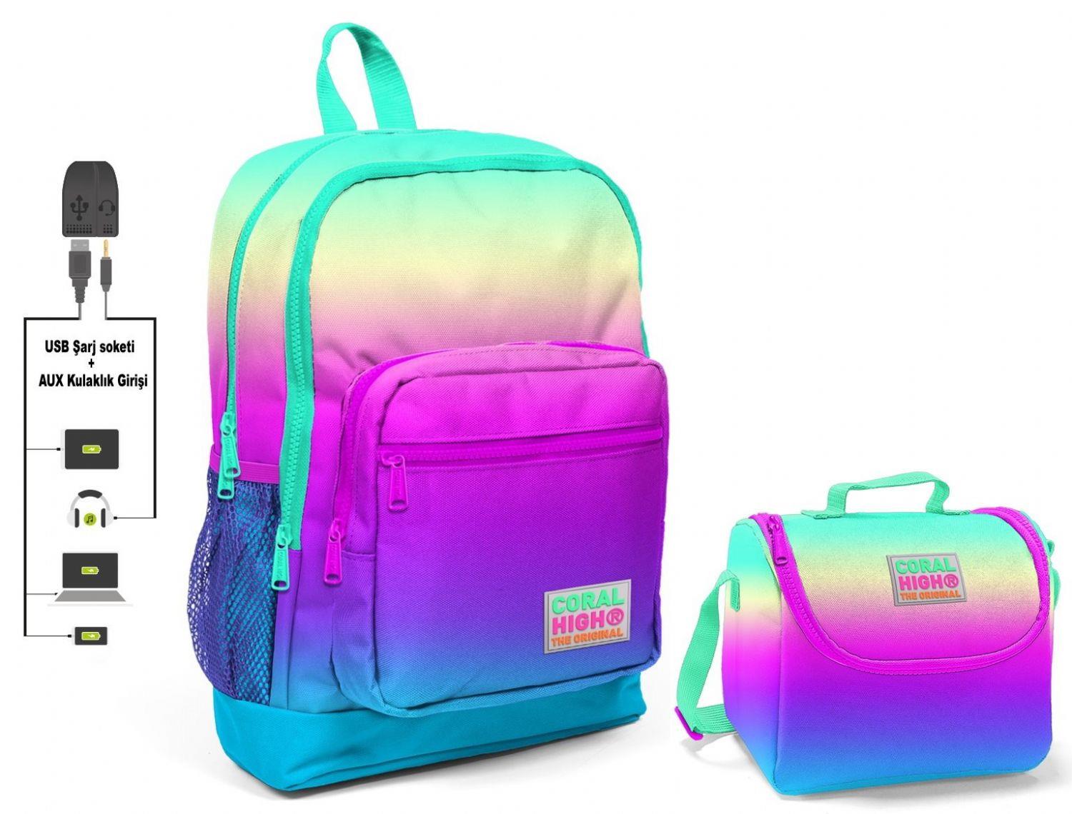 Coral High Rengarenk Baskılı Okul Çantası ve Beslenme Çantası Seti - Kız Çocuk - USB Soketli