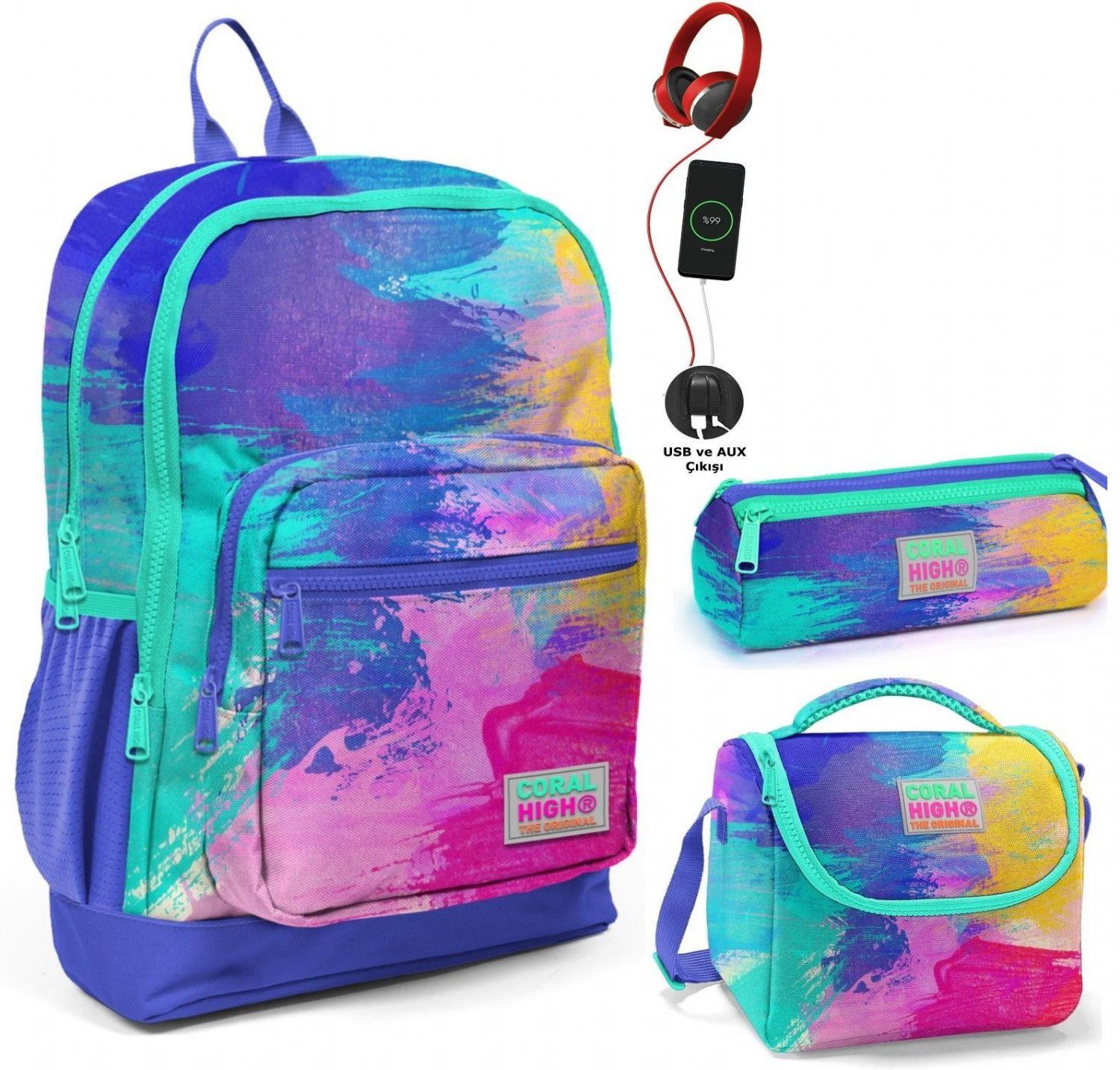 Coral High Renkli Airbrush USB Soketli Üçlü İlkokul Çanta Seti - Kız Çocuk