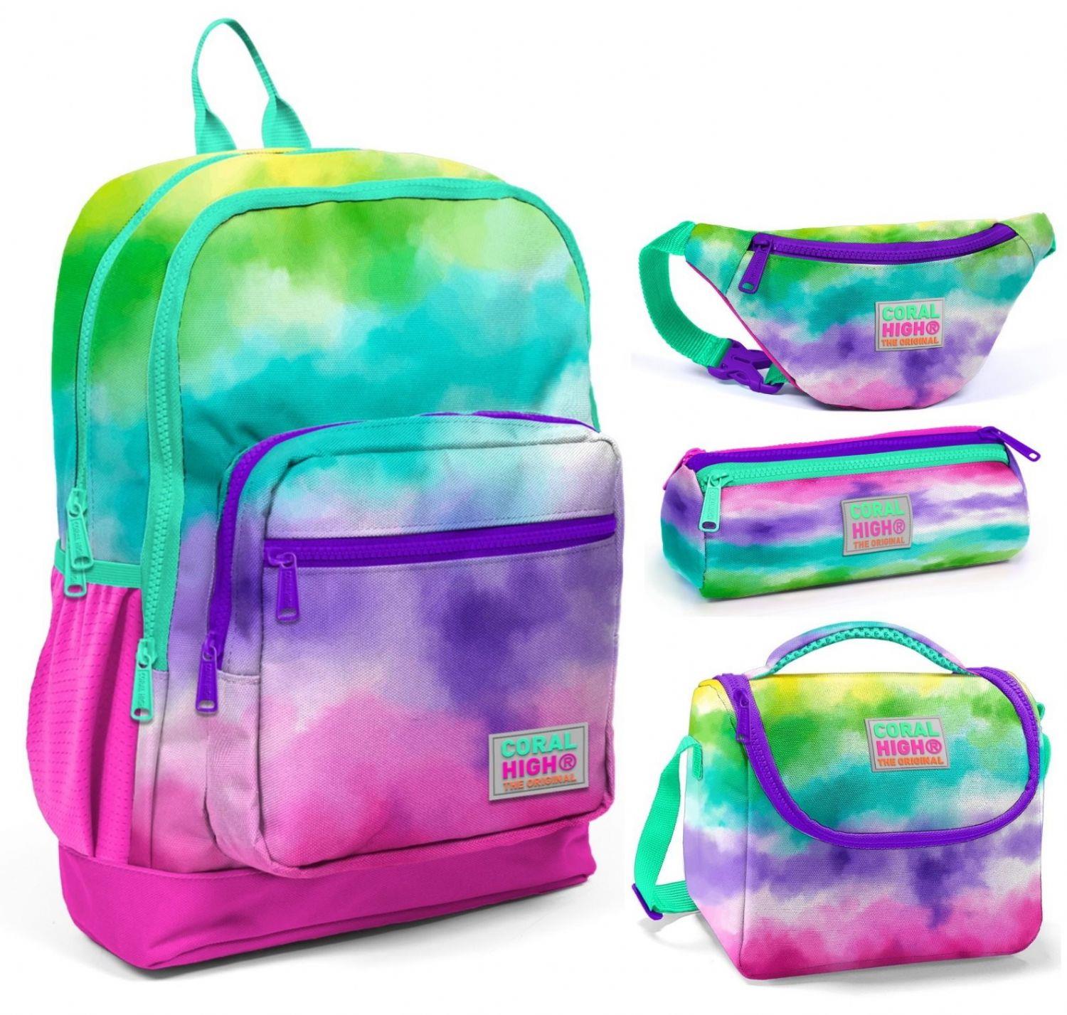 Coral High Renkli Boyama Üçlü Okul Çantası ve Bel Çantası Seti