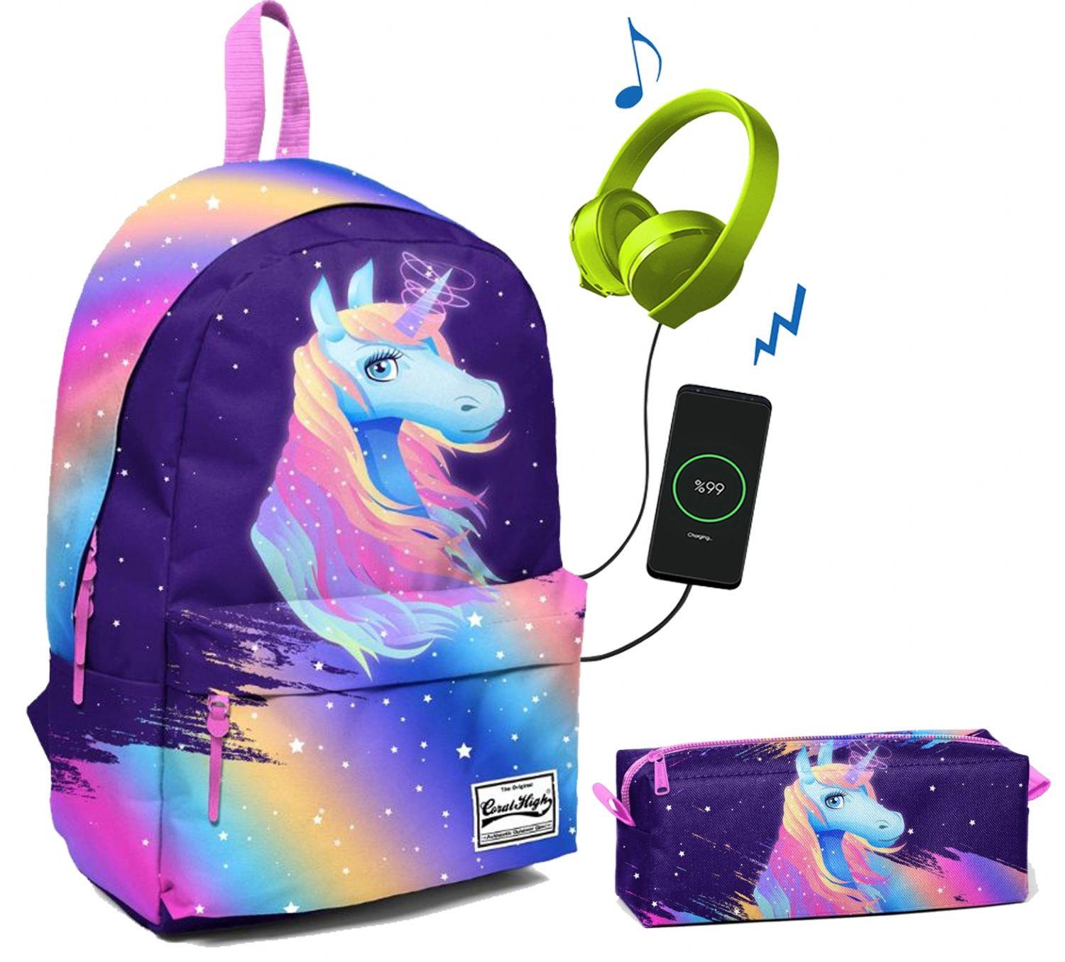 Coral High Renkli Unicorn Okul ve Günlük Çanta Seti - Kız