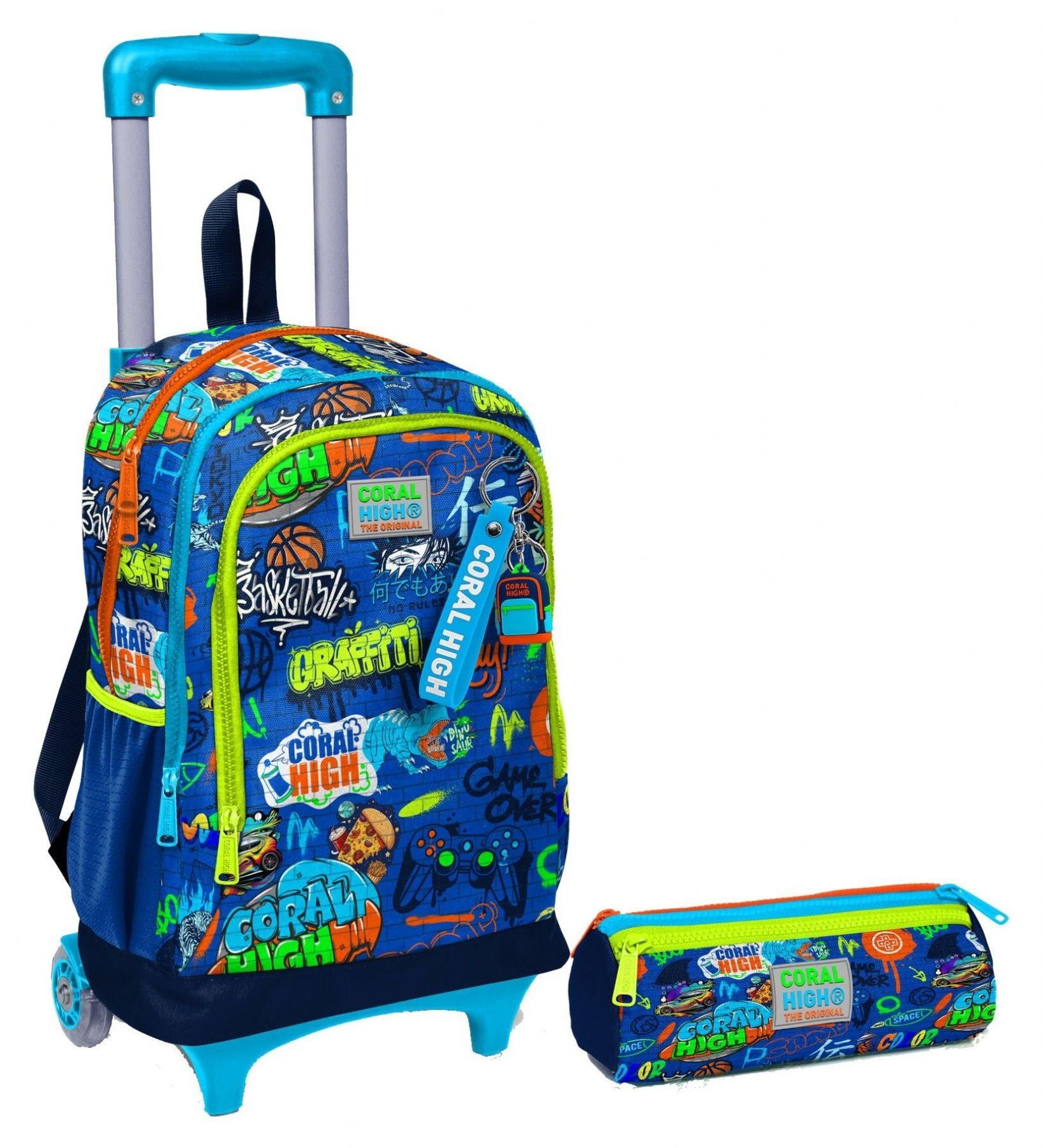 Coral High Saks Grafiti Işıklı Tekerlekli Çekçek Çanta ve Kalemlik Seti - Erkek Çocuk