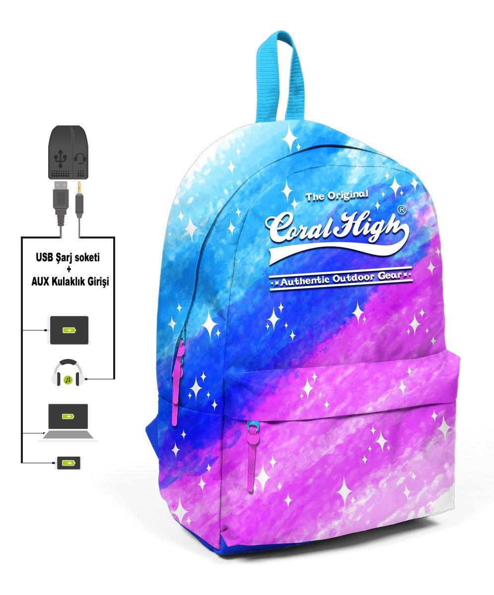 Coral High Saks Mavi ve Pembe Desenli Sırt Çantası - Okul ve Günlük - USB+AUX Soketli