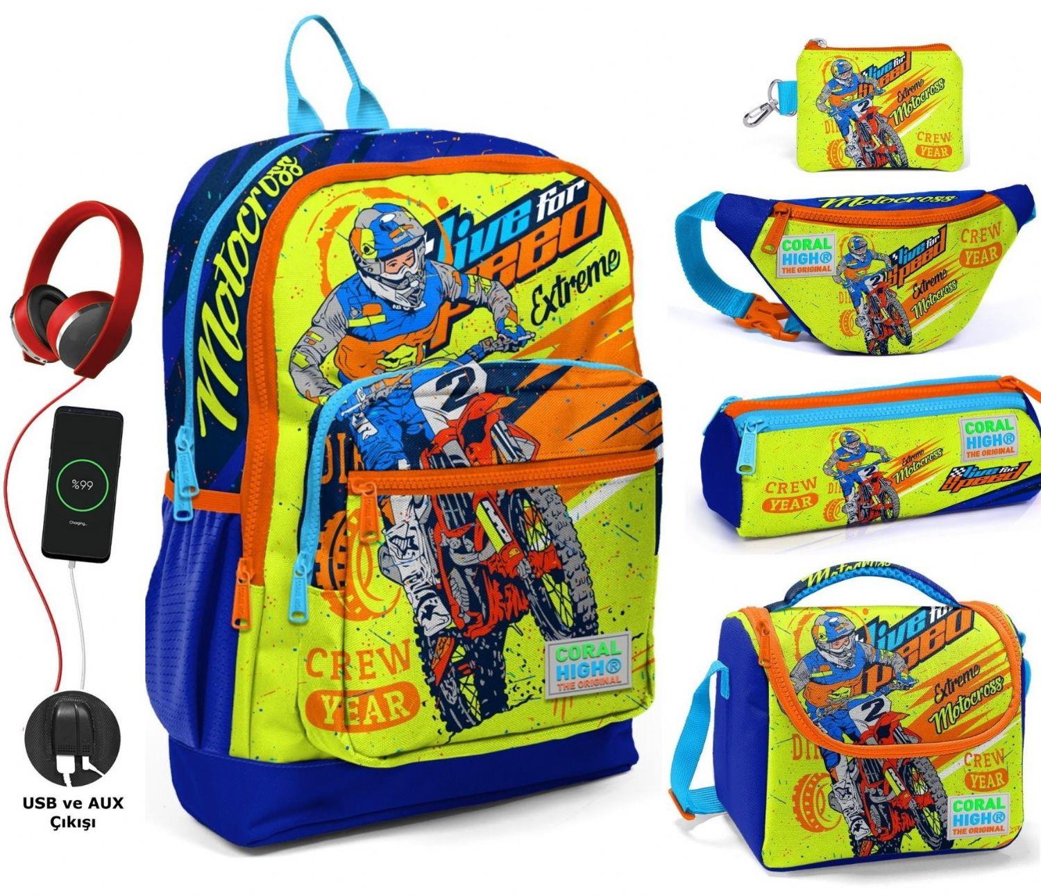 Coral High Sarı Mavi Motorsiklet USB Soketli Beşli Okul Çantası Seti - Erkek Çocuk