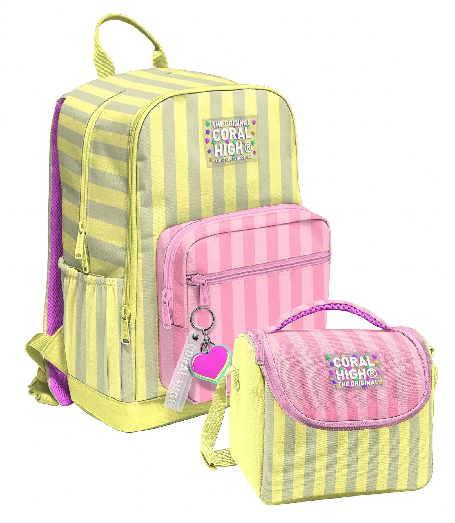 Coral High Sarı Pembe Çizgi Desenli (Kız Çocuk) Okul Sırt ve Beslenme Çantası Seti - SETYGN33223B