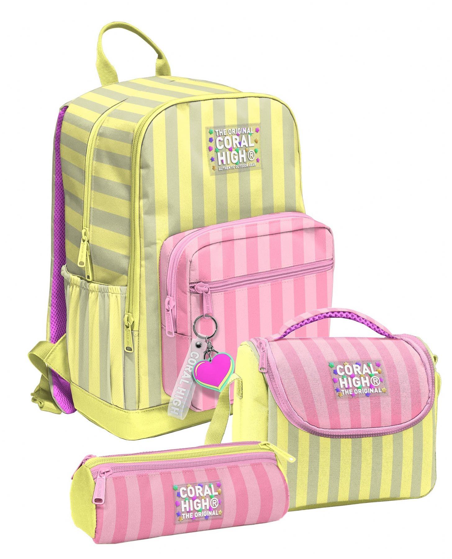 Coral High Sarı Pembe Çizgi Desenli Kız Çocuk İlkokul ve Ortaokul Üçlü Okul Çanta Seti SETYGN33223A