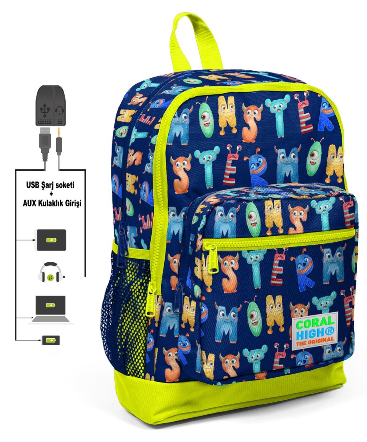 Coral High Sevimli Harfler Baskılı İlkokul ve Günlük Sırt Çantası - USB ve AUX Soketli