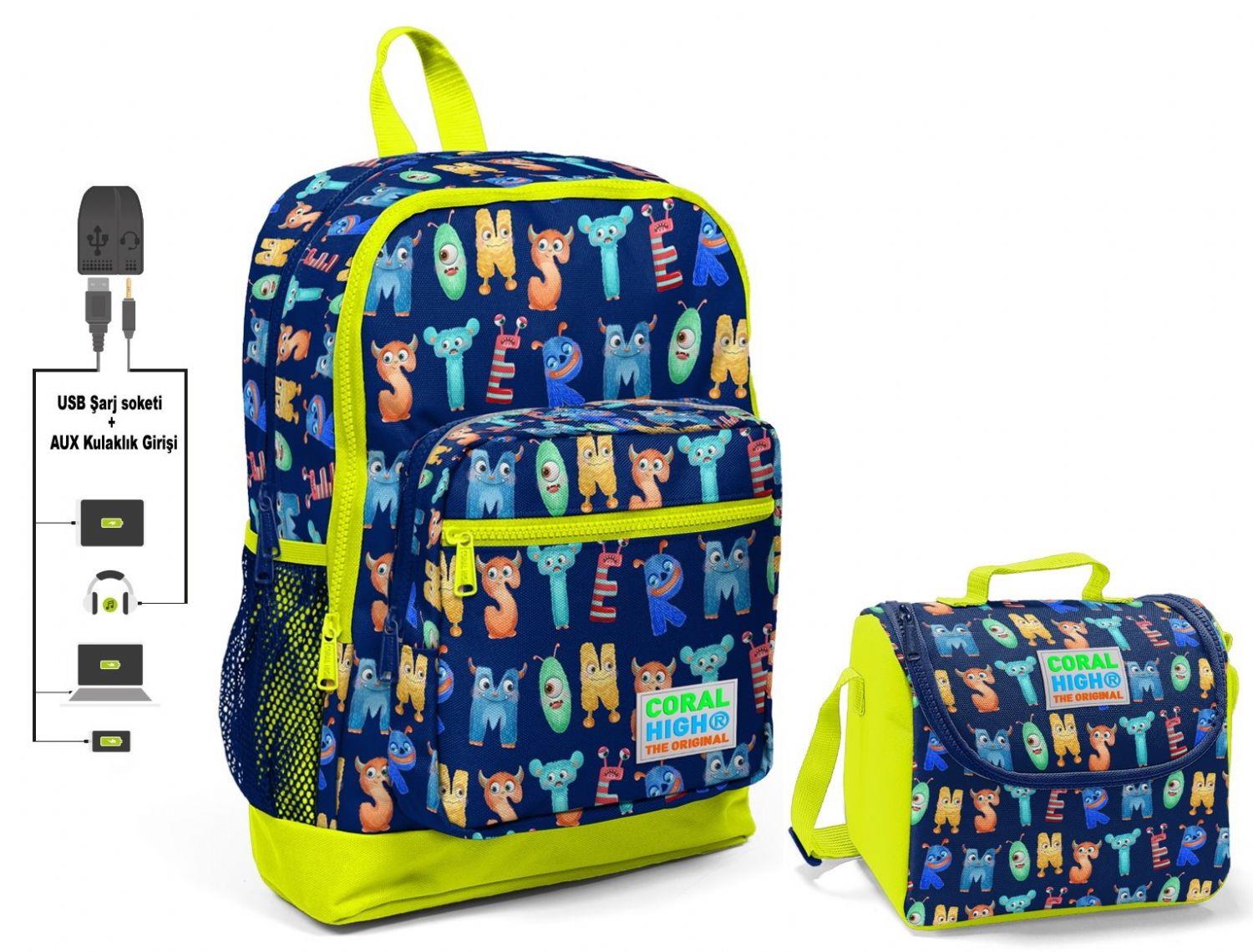Coral High Sevimli Harfler Baskılı Okul Çantası ve Beslenme Çantası Seti - Erkek Çocuk - USB Soketli