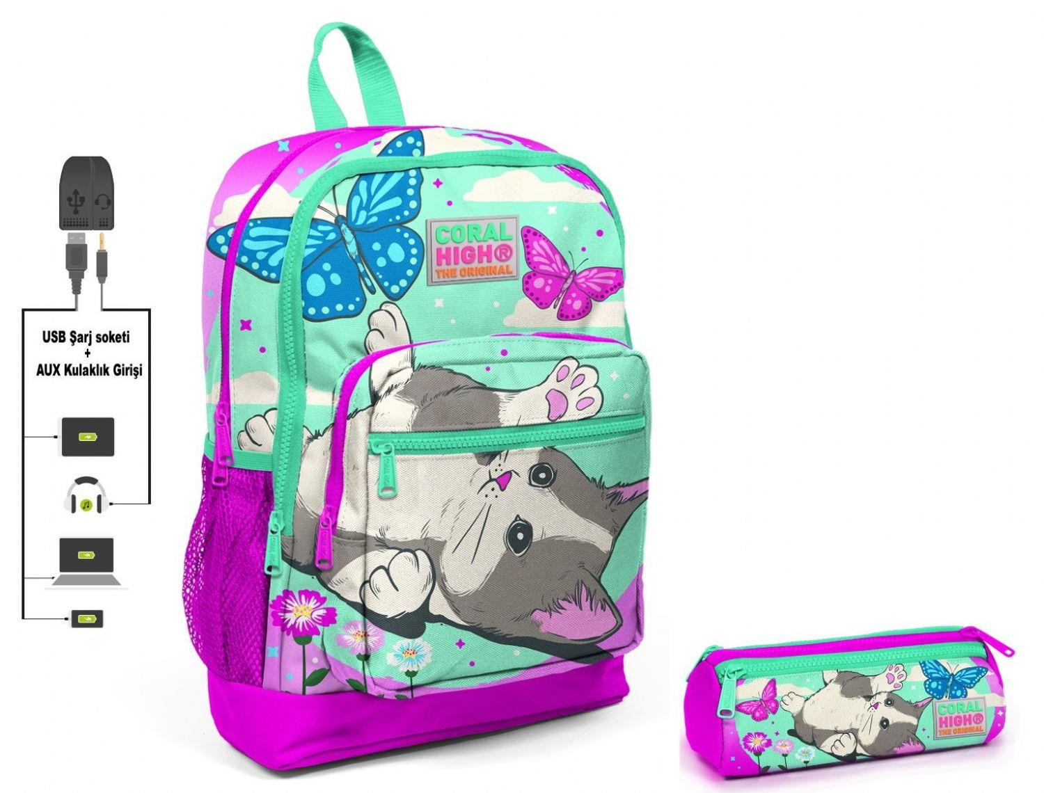 Coral High Sevimli Kedi ve Kelebek İlkokul Sırt Çantası ve Kalemlik Seti - Kız - USB Soketli